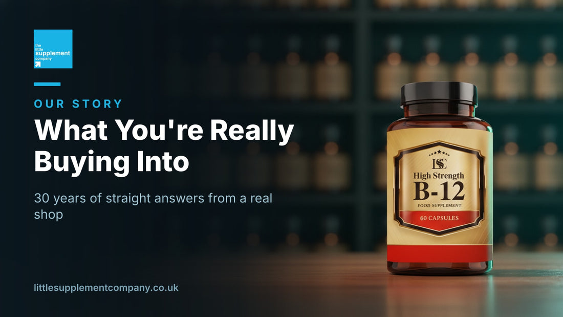 The Little Supplement Company story, LSC B12 bottle on a shop counter