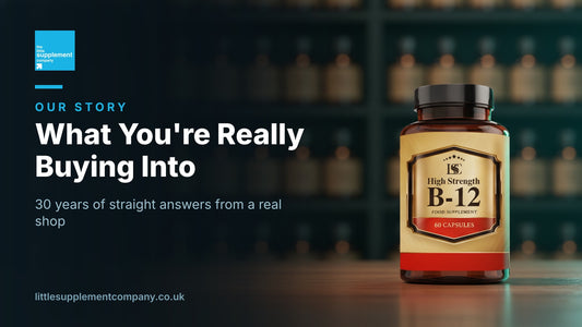 The Little Supplement Company story, LSC B12 bottle on a shop counter